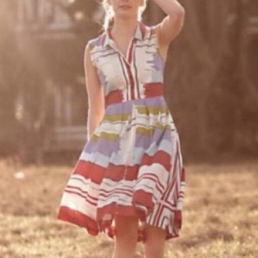 Floreat Anthropologie Red and Blue Striped Sleeveless Button Down Collared Dress